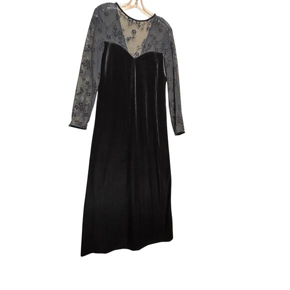 Vtg Y2K Black Velvet Maxi Dress Mesh Bodice Sleeve Whimsigoth Y2K Vampire Floral - Picture 6 of 16